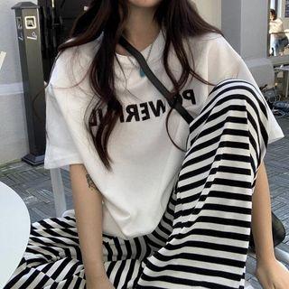 Short-sleeve Lettering T-shirt / Striped Wide Leg Pants