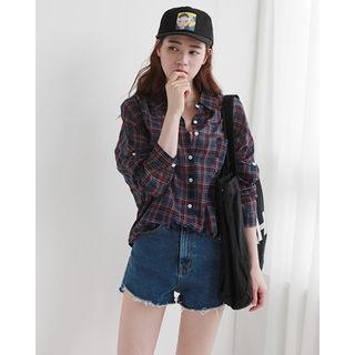 Long Dolman-sleeve Plaid Linen Shirt