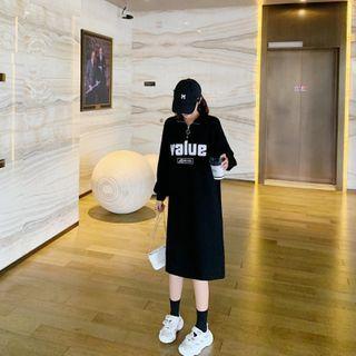 Letter Printed Zipped Long-sleeve Long Dress