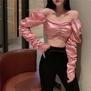 Off-shoulder Shirred Cropped Blouse Pink - One Size