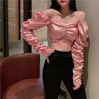 Off-shoulder Shirred Cropped Blouse Pink - One Size
