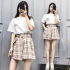 Set: Lettering Elbow Sleeve T-shirt + Plaid Wide Leg Shorts