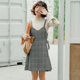 Set: Mock-neck Long-sleeve Knit Top + Plaid V-neck Spaghetti Strap Dress