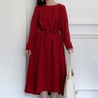 Long-sleeve A-line Midi Dress Vintage Red - One Size