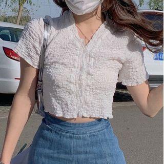 Short-sleeve V-neck Textured Button-up Top