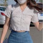 Short-sleeve V-neck Textured Button-up Top