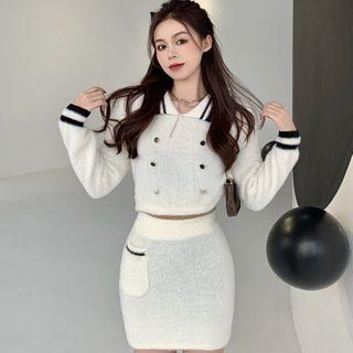 Double Breasted Contrast Trim Knit Crop Top / Knit Mini Dress