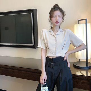 Plain Short-sleeve Crop Shirt / High-waist Loose-fit Pants