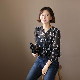 Buttoned Floral Chiffon Blouse