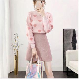 Set: Heart Print Sweater + A-line Skirt