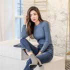 Crew-neck Metallic-button Rib-knit Top