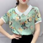 Short-sleeve Print Collared Blouse