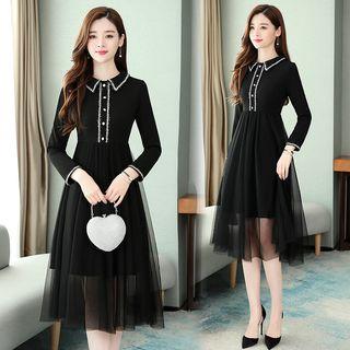 Long-sleeve Collared Midi A-line Mesh Dress