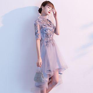 3/4-sleeve Embellished High-low Prom Dress