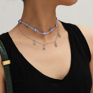 Bead Flower Rhinestone Lettering Layered Choker Necklace 0683 - Silver - One Size
