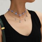 Bead Flower Rhinestone Lettering Layered Choker Necklace 0683 - Silver - One Size