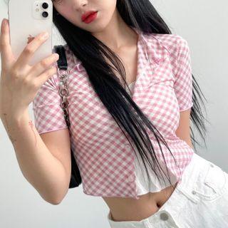 Short-sleeve Lapel Argyle Cropped Shirt
