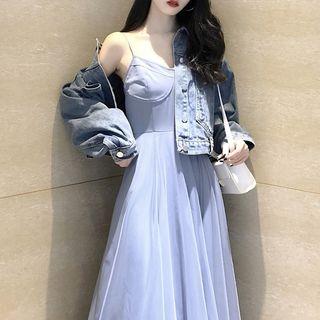 Denim Button Jacket/ Spaghetti Strap Mesh Midi A-line Dress
