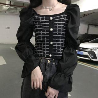 Square-neck Plaid Puff-sleeve Shirt Black - One Size