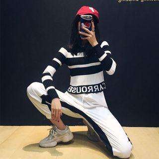 Lettering Striped Crop Knit Top Black - One Size