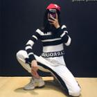 Lettering Striped Crop Knit Top Black - One Size