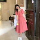 V-neck Ruched Elbow-sleeve A-line Dress
