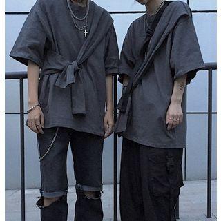 Couple Lace-up Short Sleeve Plain T-shirt