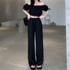 Puff-sleeve Off-shoulder Cropped Top / High-waist Drawstring Wide-leg Pants