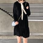 Long-sleeve Tie-neck Mini Velvet Dress Black - One Size