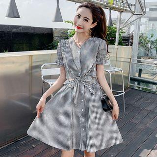 Set: Short-sleeve Plaid Top + Plaid A-line Skirt