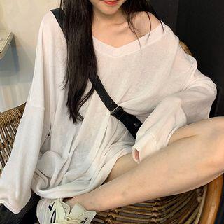 Long-sleeve V Neck Oversize Plain T-shirt