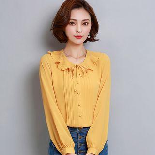 Long-sleeved Chiffon Frill Plain Slim Top