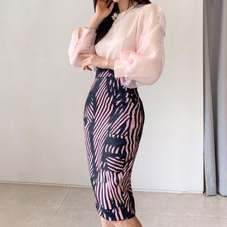 Set: Lantern-sleeve Mesh Top + Midi Printed Sheath Skirt