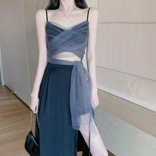 Spaghetti Strap Mesh Top / Slit Midi A-line Skirt