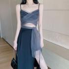 Spaghetti Strap Mesh Top / Slit Midi A-line Skirt