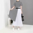 Short-sleeve Pleated Paneled Striped A-line Midi Dress Black - One Size