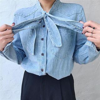 Bow Long-sleeve Denim Blouse