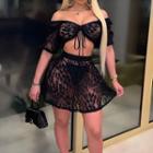 Set: Elbow-sleeve Off-shoulder Lace Top + Mini A-line Skirt