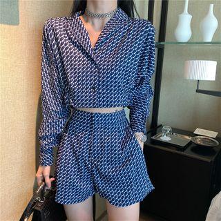 Set: Printed Cropped Blouse + High-waist Shorts Set - Blue - One Size