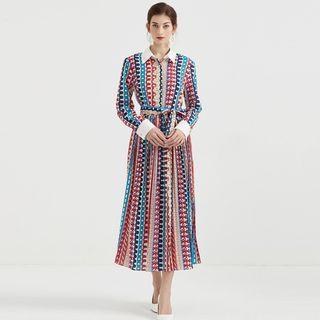 Long-sleeve Patterned Midi Shirt Dress