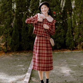 Set: Plaid Single-breasted Coat + Midi A-line Skirt