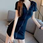 Hooded Zip Detail Short-sleeve Mini Sheath Dress