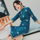 3/4-sleeve Lace Trim Snowflake Print Sheath Qipao Dress
