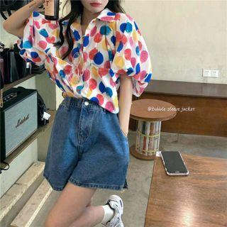 Puff-sleeve Print Shirt / Denim Shorts