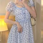 Short-sleeve Heart Print Mini A-line Dress Blue - One Size