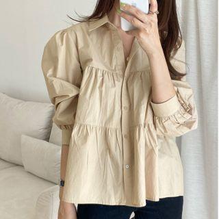 Puff-sleeve Plain Shirred Shirt