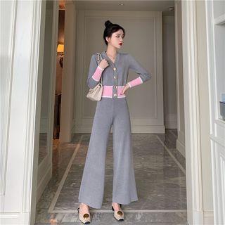 Set: Color Block Cardigan + Plain Knit Wide Leg Pants