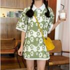 Floral Elbow-sleeve Polo Shirt Dress Green - One Size