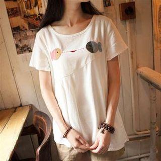 Short-sleeve Embroidered-fish T-shirt White - One Size