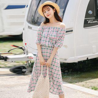 Check Off-shoulder A-line Chiffon Dress